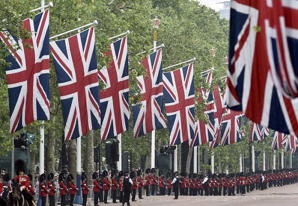Guardsmen line the Mall for the annual Trooping the Colour ceremony in central London